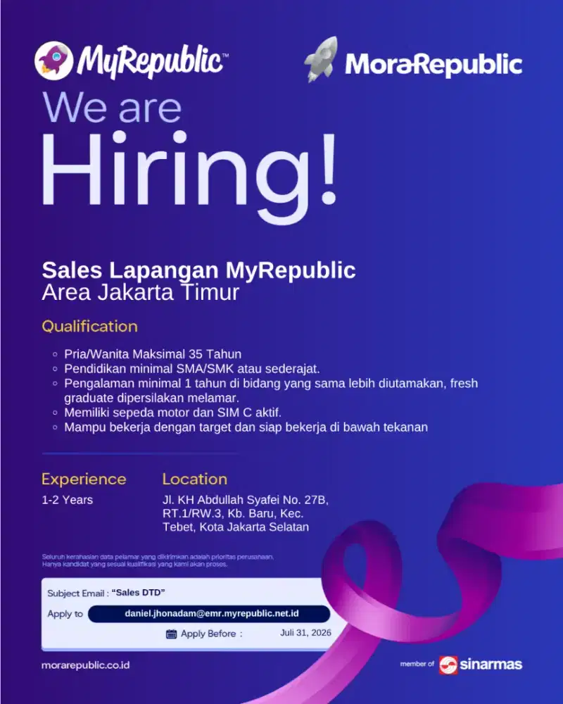 Loker Sales Wifi MyRepublic Area Jakarta Timur