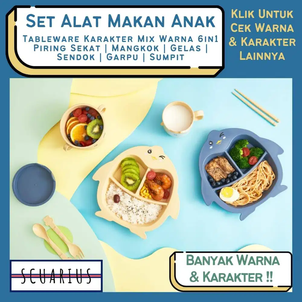 SET ALAT MAKAN ANAK 6 IN 1 KARAKTER  – WHEAT FIBER KIDS TABLEWARE
