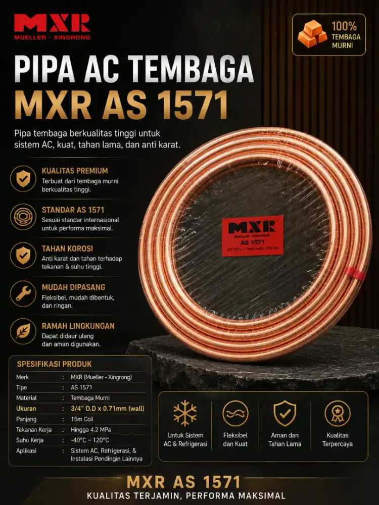 Pipa AC 1  Roll 15 mtr  ukuran 3/4 x 0.71mm