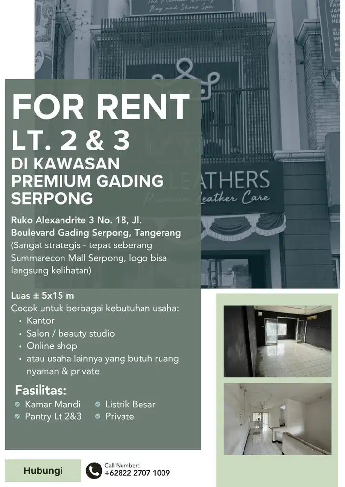 Disewakan lantai 2 & 3 Ruko Alexandrite, Gading Serpong