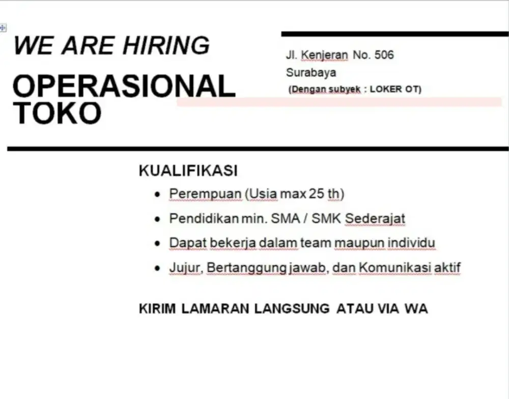 DIBUTUHKAN SEGERA OPERASIONAL TOKO!!!