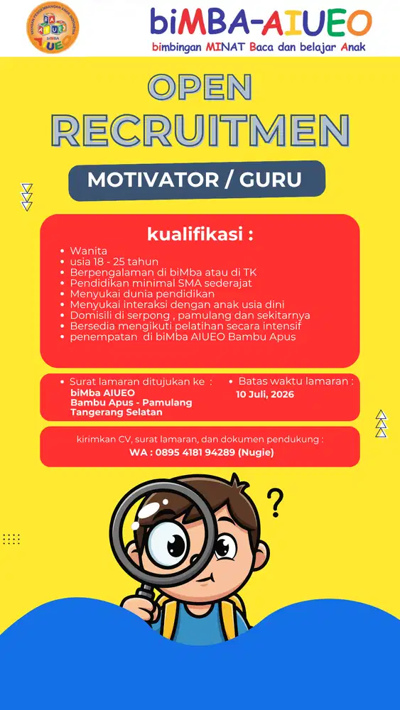 Lowongan kerja guru biMBA wanita
