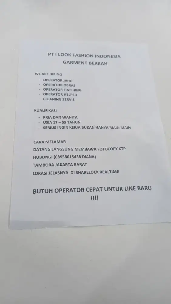 Loker  untuk operator jahit