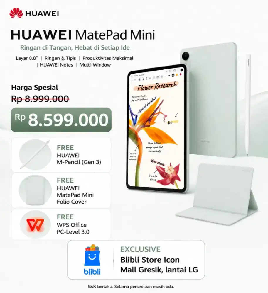 HUAWEI MatePad Mini 12/256GB Promo Spesial Cashback Free S-Pen & Case