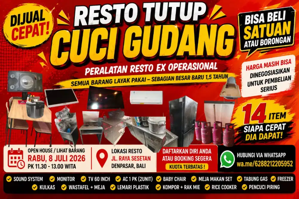DIJUAL CEPAT - PERALATAN RESTO EX OPERASIONAL SESETAN DENPASAR SELATAN