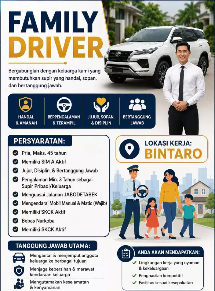 Lowongan Pekerjaan Supir Keluarga Daerah Bintaro