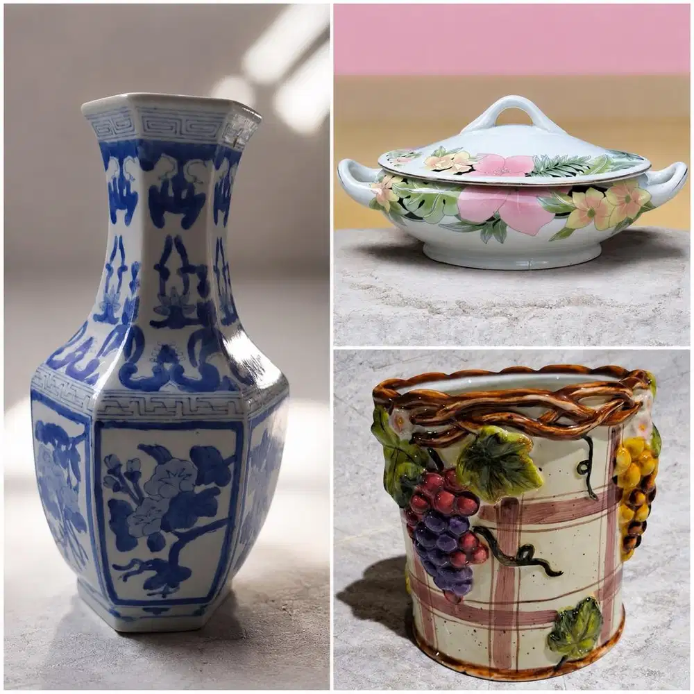 Aneka 3 Pieces Mangkuk Vas Guci Antik Jadul Vintage
