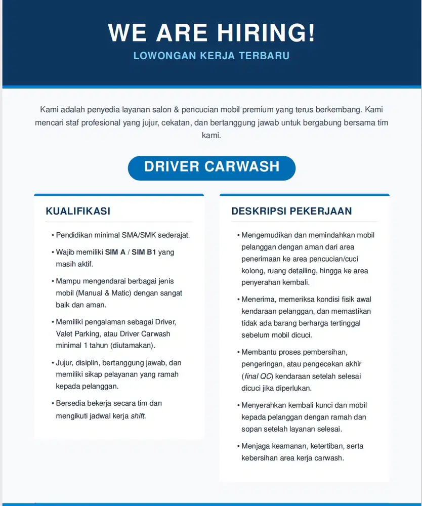 Loker Driver Carwash dan Driver Pribadi