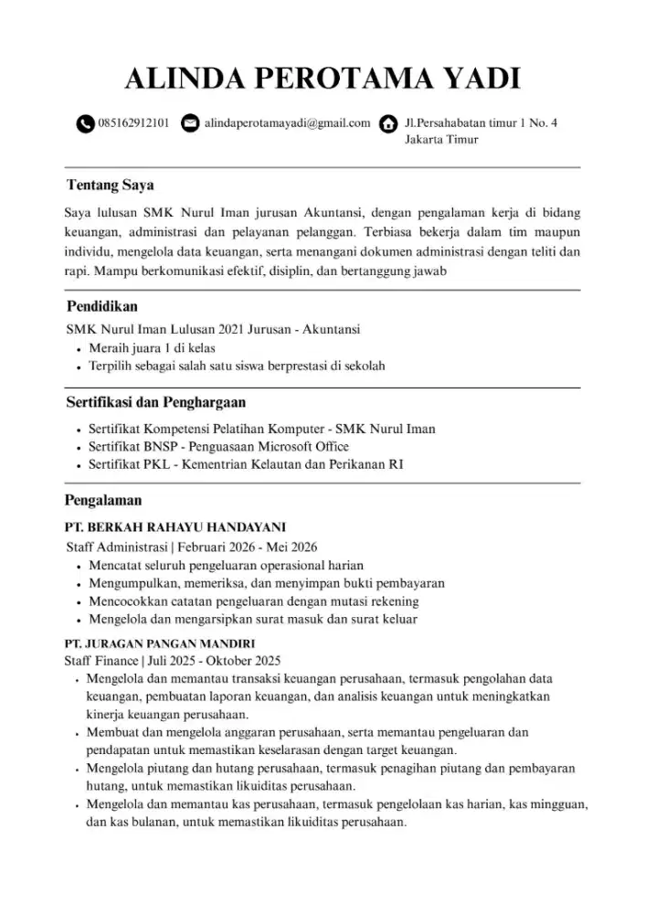Cari kerja sbg Admin, Finance Support dan Costumer Service