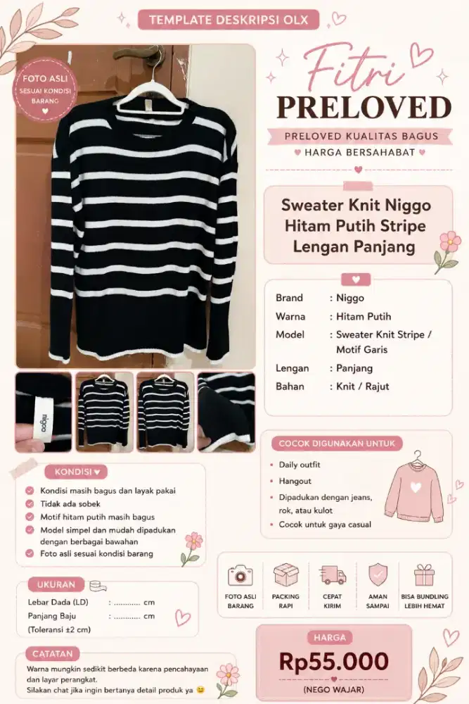 Sweater Knit Niggo Hitam Putih Stripe Lengan Panjang Preloved