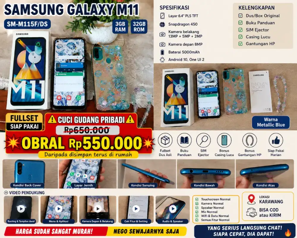 Samsung Galaxy M11 (SM-M115F/DS) 3/32GB Fullset Siap Pakai