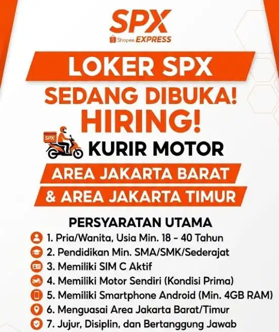 Kurir Motor Last Mile SPX Area Jakarta Utara dan Jakarta Barat