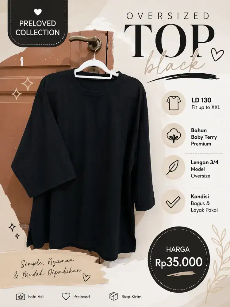 Kaos Oversize Hitam Lengan 3/4 Wanita Preloved
