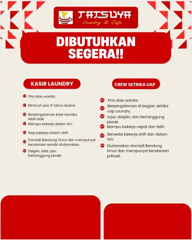 Dibutuhkan segera kasir dan crew setrika