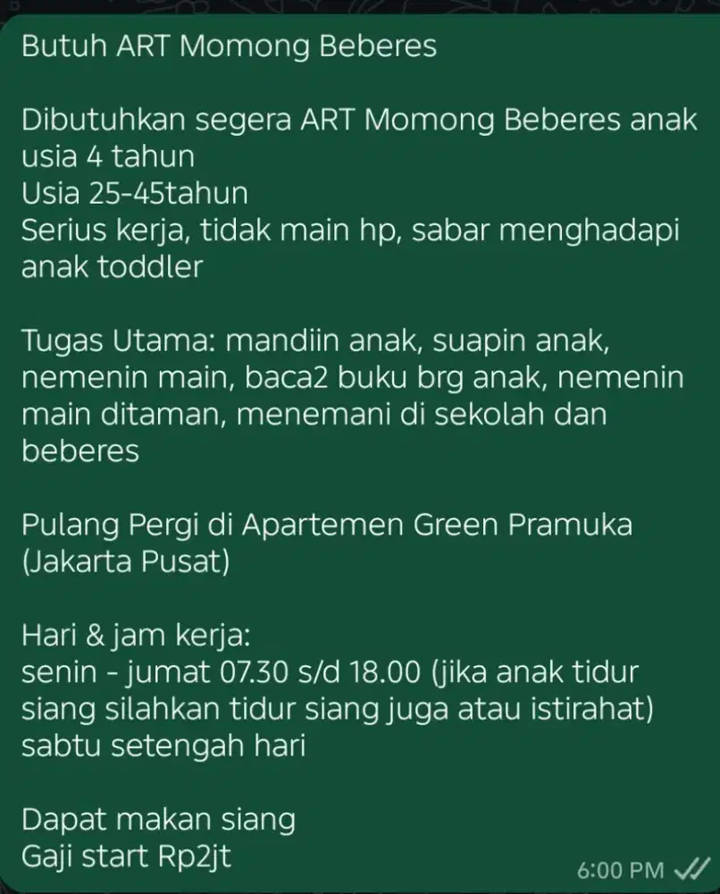ART Momong anak 4 tahun + Beberes di Apt. Green Pramuka City, Rawasari