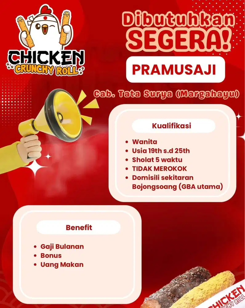 Lowongan kerja pramusaji Chicken crunchy Roll Tata Surya Margahayu