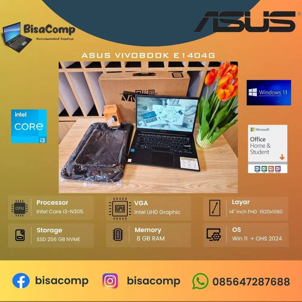 Asus Vivobook 14 E1404GA Core i3 SSD 256gb Ram 8gb 14inchFHD Backlit