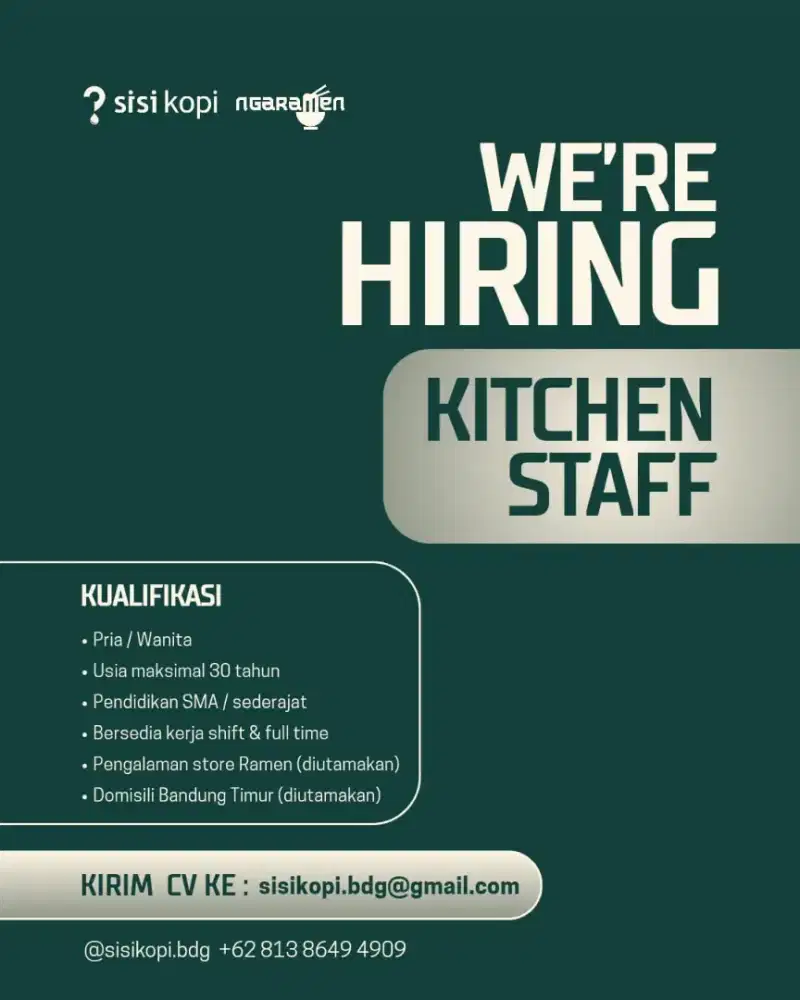 KITCHEN STAFF RAMEN (Kirim CV via email atau WA)