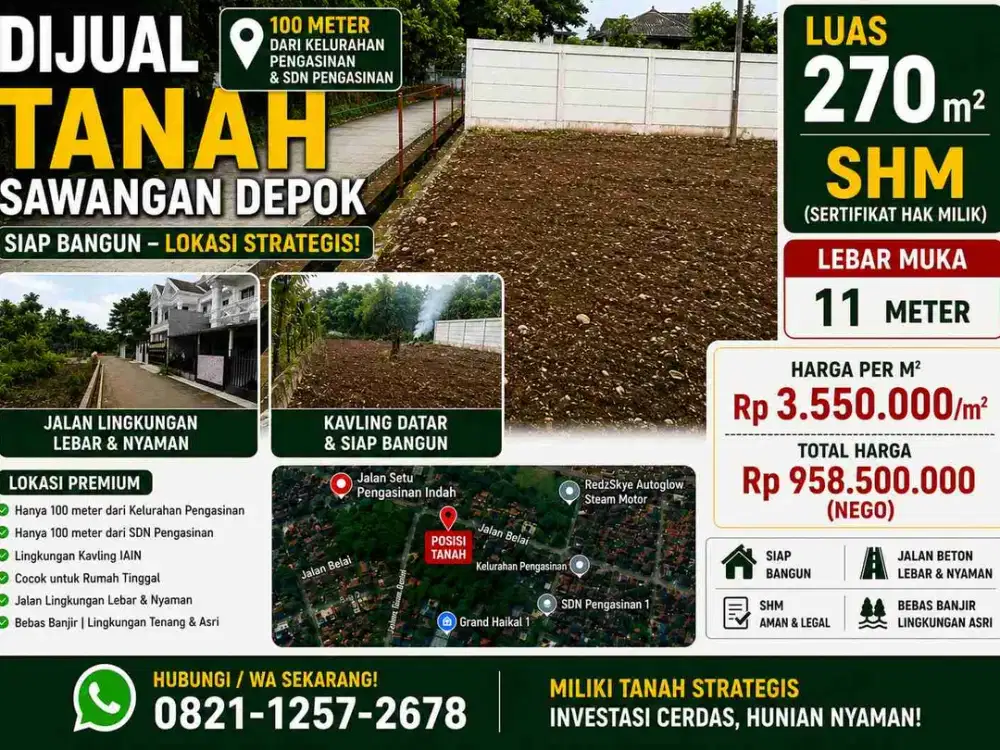 Dijual Tanah SHM 270 m² Pengasinan Sawangan Depok Dekat Kelurahan