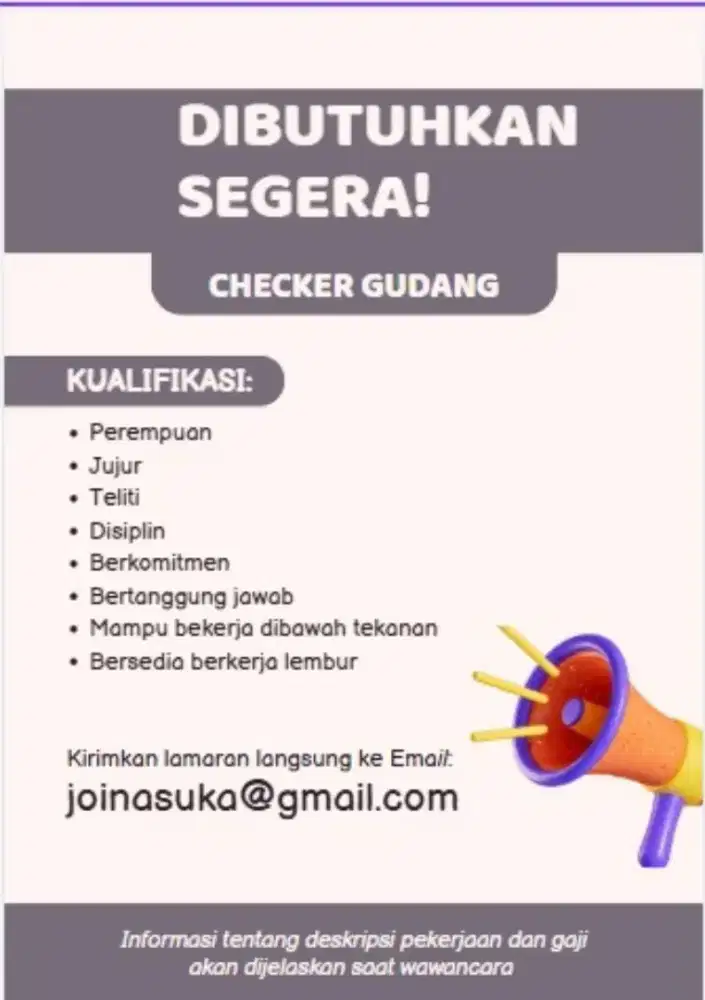 Dibuthkan Checker gudang