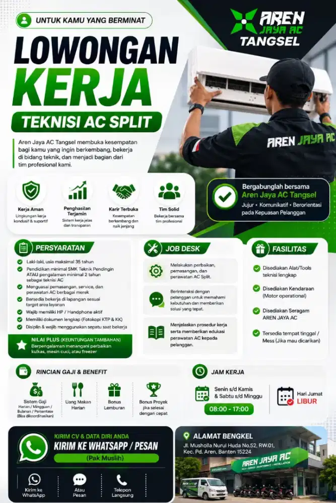 LOWONGAN KERJA: TEKNISI AC SPLIT (AREN JAYA AC TANGERANG SELATAN)