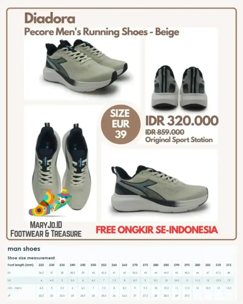 Diadora Pecore Men's Running Shoes - Beige : Size 39