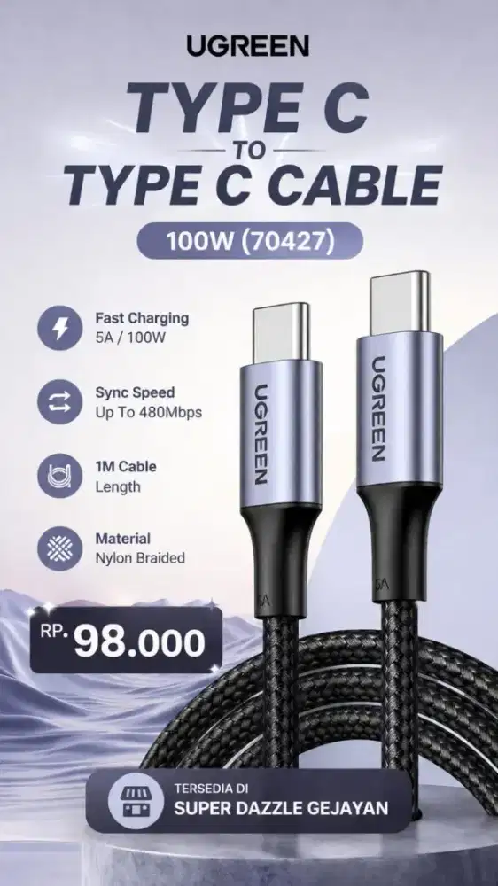 UGREEN TYPE C TO TYPE C CABLE 100W (70427)