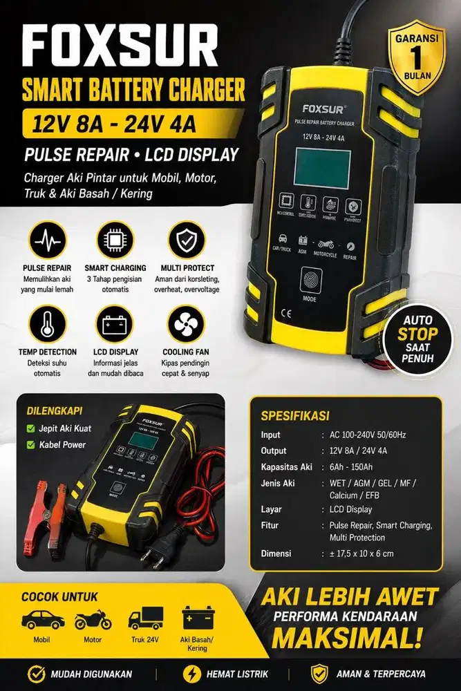 FOXSUR Intelligent Pulse Repair Battery Charger 12V 8A / 24V 4A