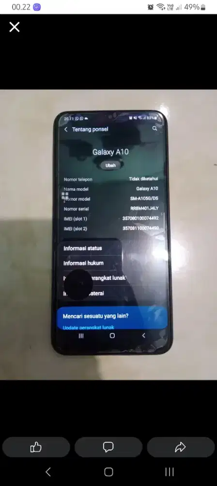 Samsung galaxi A10 2/32 minus tc retak & fungsi semua normal