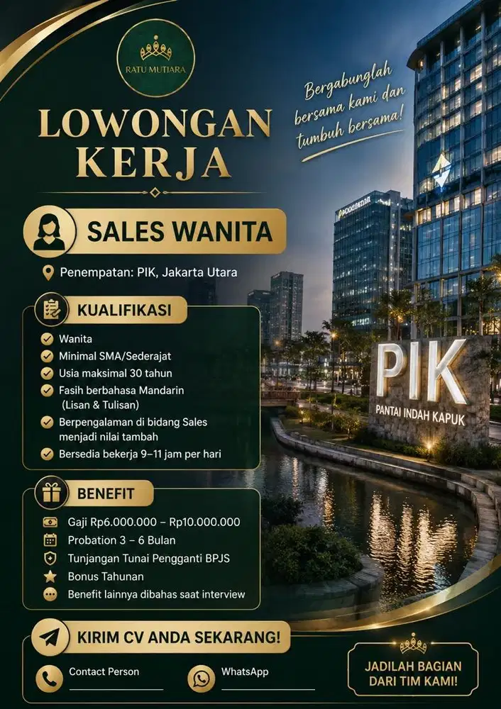 HIRING SALES WANITA (MANDARIN) Gaji Rp6–15 Juta | PIK Jakarta Utara