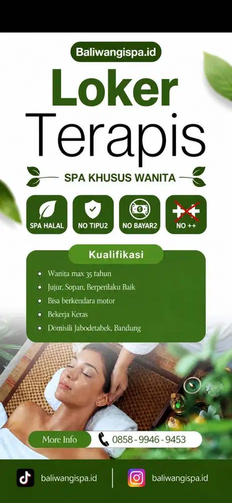 Lowongan Terapis Spa Halal 100&