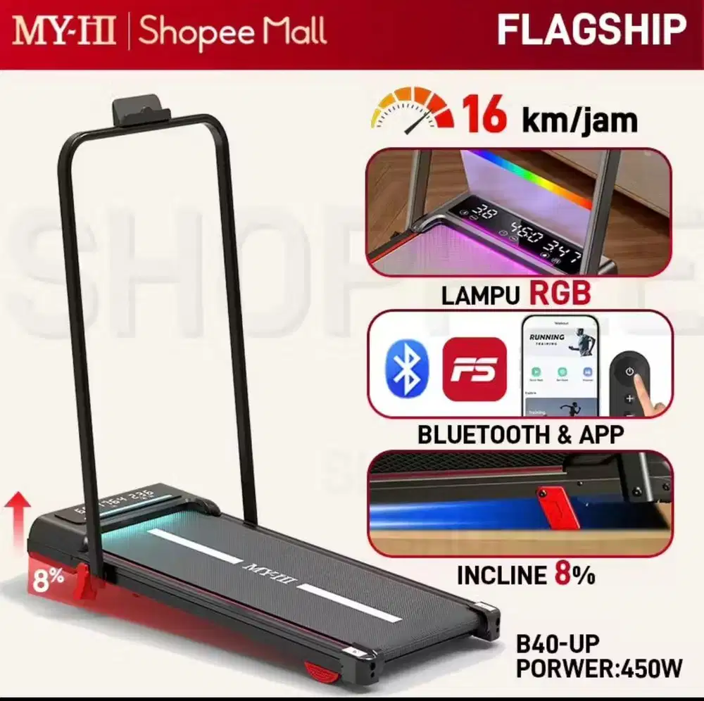 Treadmill MyHi  low watt bisa dilipat (bluetooth dan speaker fitur)