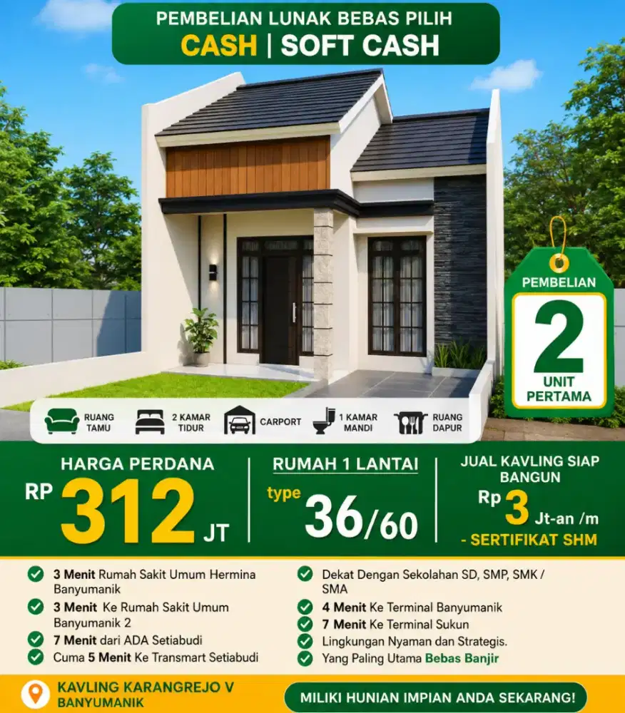 Rumah murah Banyumanik sangat strategis bebas banjir promo free biaya