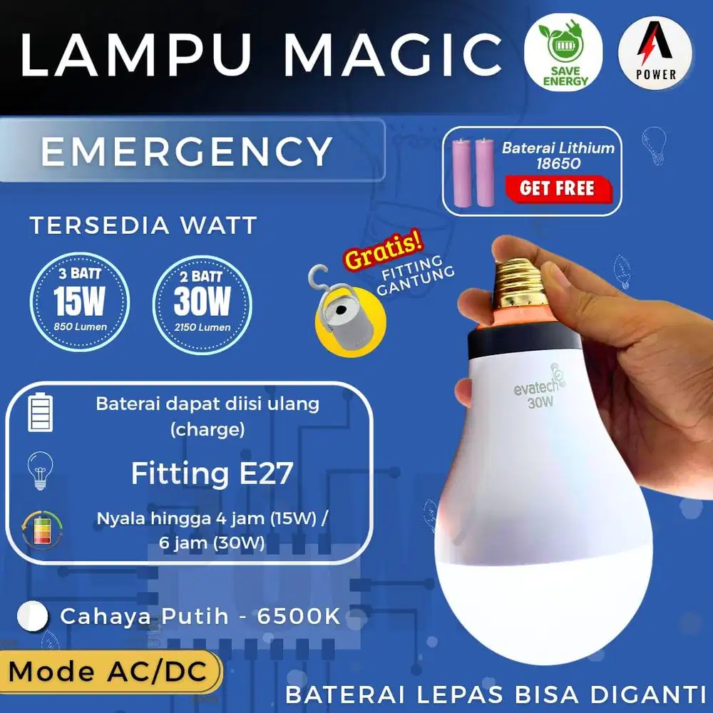 Lampu LED Emergency Magic AC / DC - 15W (Putih)