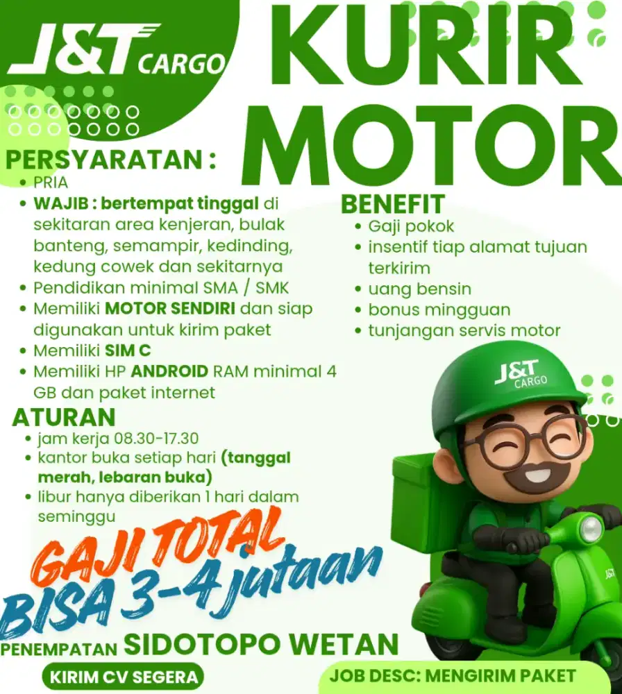 Lowongan kerja KURIR MOTOR JNT CARGO wilayah sidotopo kenjeran