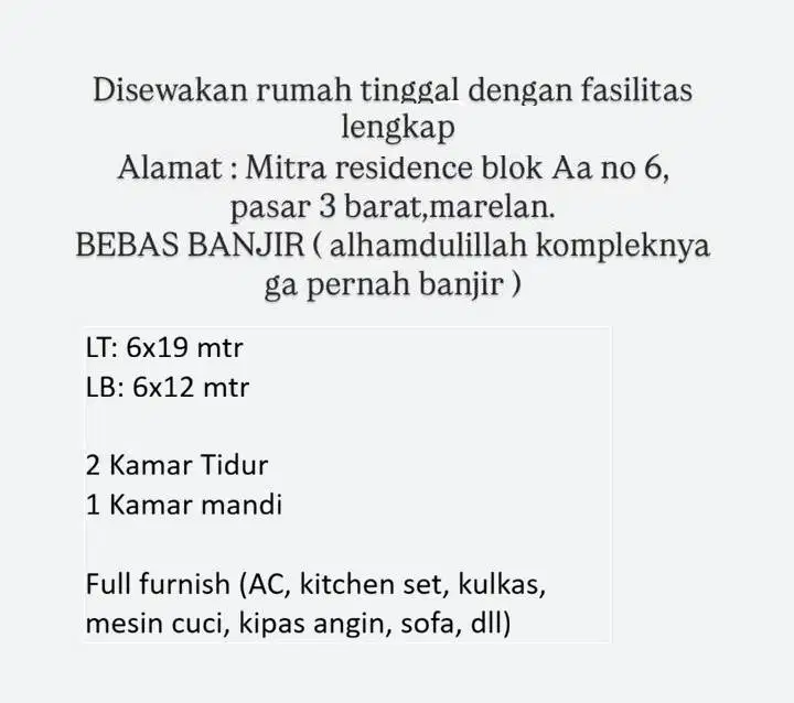 DISEWAKAN!! Rumah 2 KT aman bebas banjir, Lingkungan bersih dan nyaman