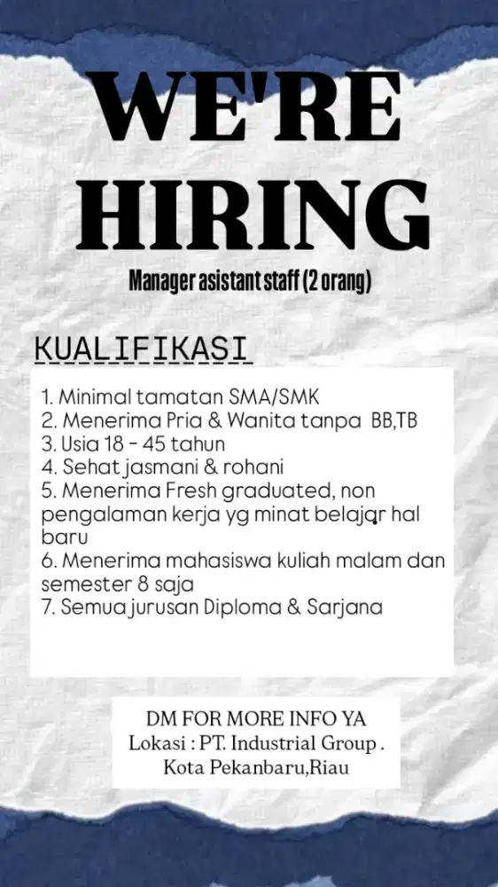 Lowongan Asisten Manager di Pekanbaru,Riau