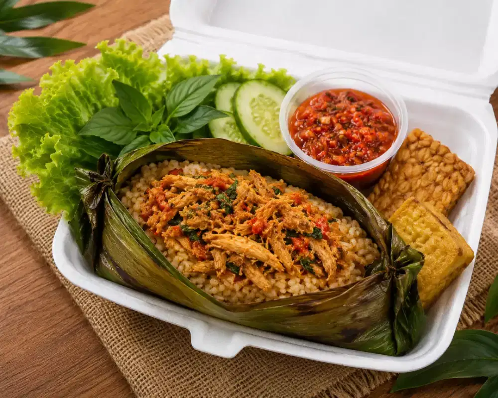 jual nasi bakar ayam suwir kemangi paket komplit tahu dan tempe