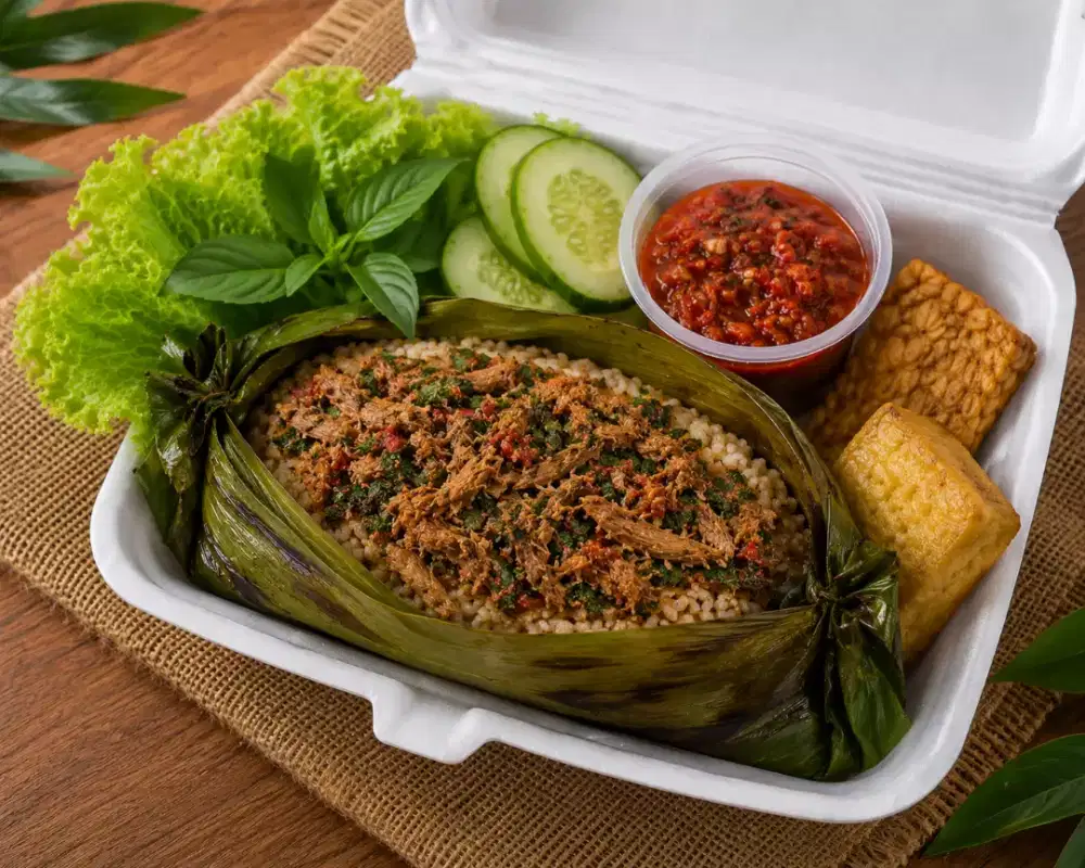 nasi bakar ikan tongkol suwir kemangi plus tahu dan tempe