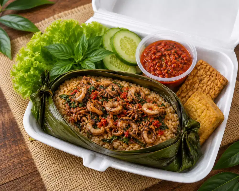 nasi bakar cumi kemangi paket lengkap tahu dan tempe
