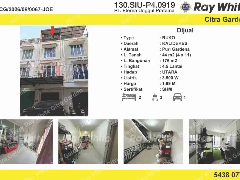 Dijual Ruko 4,5 lt bagus murah SHM 2 kamar tidur 3 kamar mandi Puri Gardena Jakbar 0067-Joe