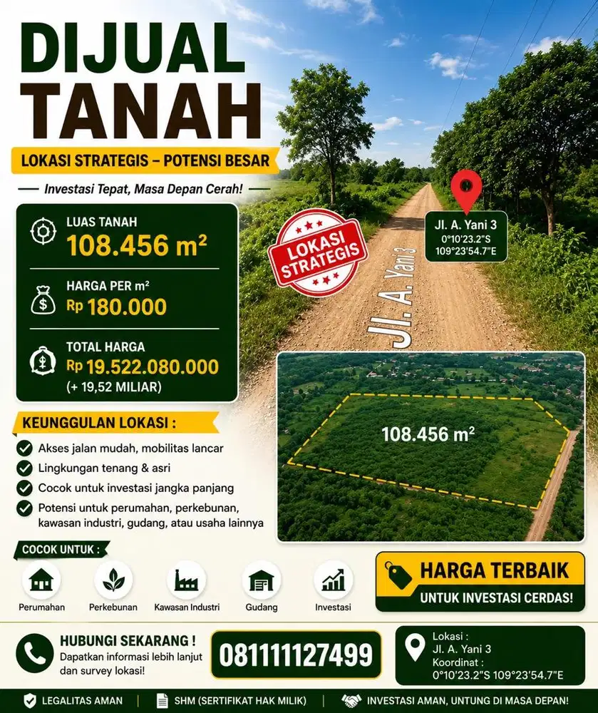 Dijual tanah lokasi strategi. Cocok untuk perkebunan sawit, perumahan