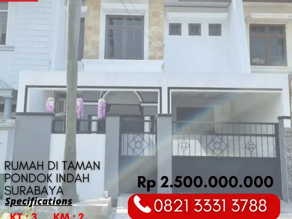 Dijual Rumah Terawat 3 Kamar 2 Miliar Lokasi di Taman Pondok Indah Wiyung Surabaya