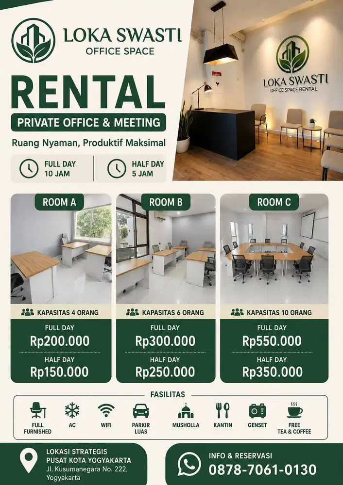 Disewakan Ruang KantorTengah Kota Jogja (Harian,Mingguan&Bulanan)