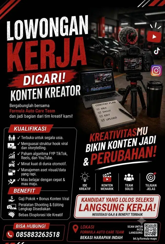 Dicari Konten Kreator,Mekanik Otomotif dan Office Boy