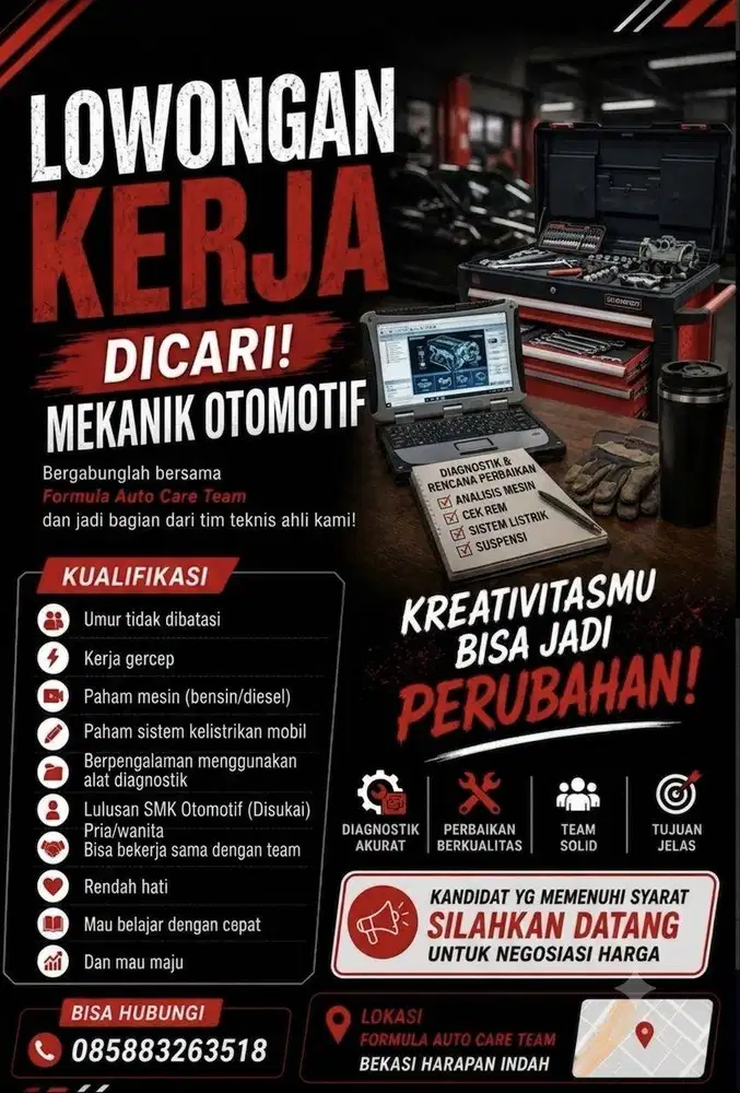 Dicari Konten Kreator,Mekanik Otomotif dan Admin marketplace