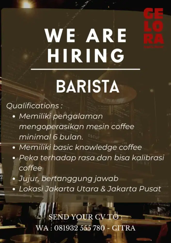 Dibutuhkan junior barista / barista