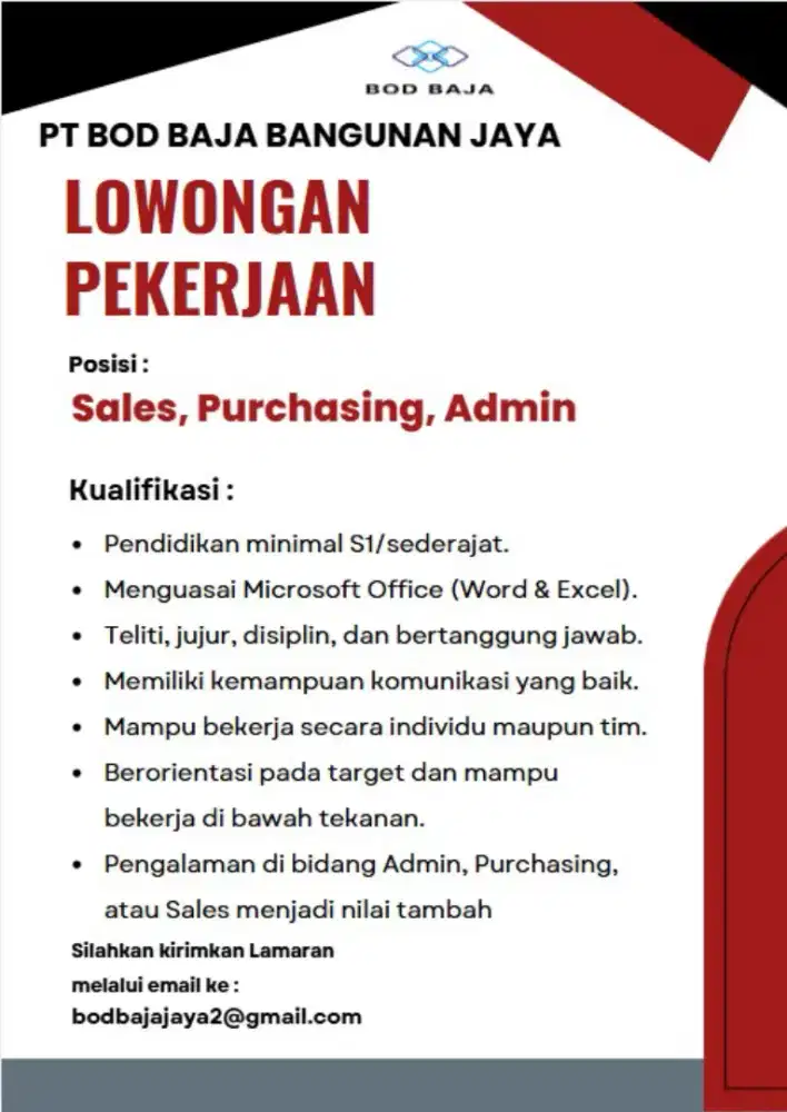 Lowongan pekerjaan Sales Purchasing, Admin