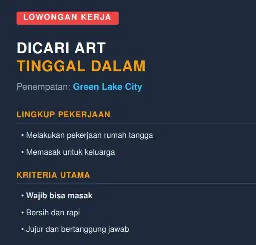 LOWONGAN ASISTEN RUMAH TANGGA (TINGGAL DALAM)