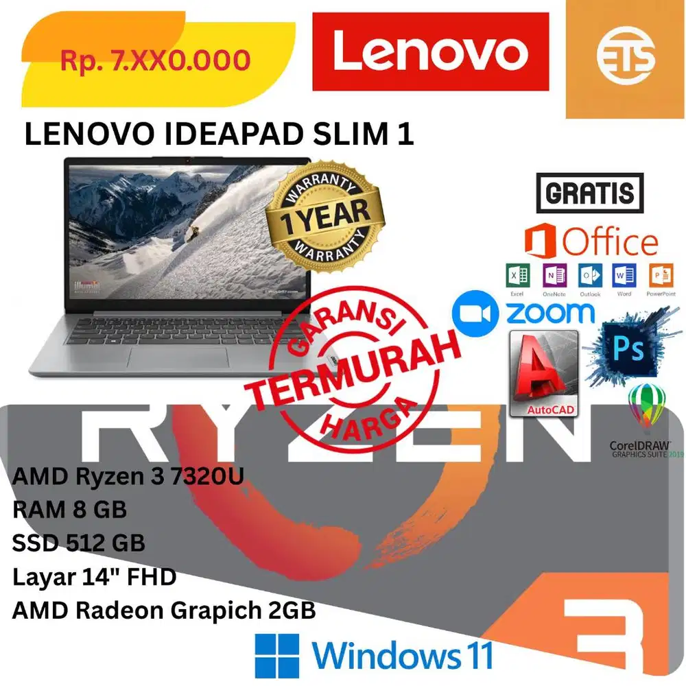 New Lenovo Ideapad Slim 1 Ryzen 3 7320U 8/512Gb Win 11+Office2024